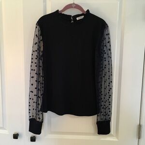 Blooming Jelly Size Large  navy blue top with sheer polka dot long sleeves